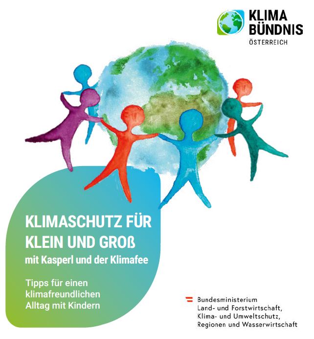 Cover des Heftchens Klimaschutz für Klein und Groß. Weltkugel und tanzende Figuren in Aquarell