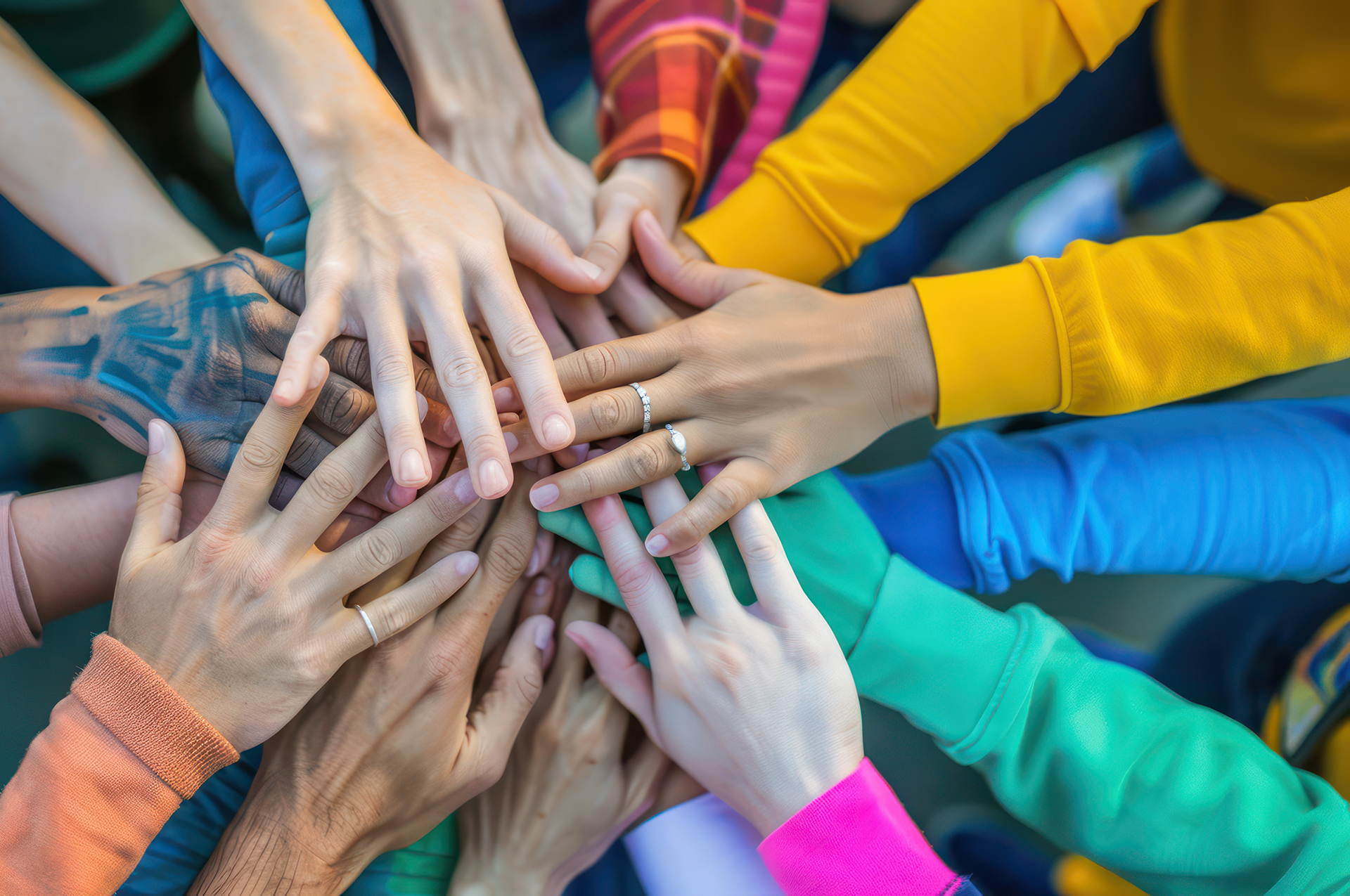 Viele diverse Hände liegen aufeinander, um Teamwork zu leben.