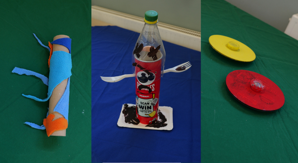 Gebastelten Objekte aus Müll des Medienprojekts