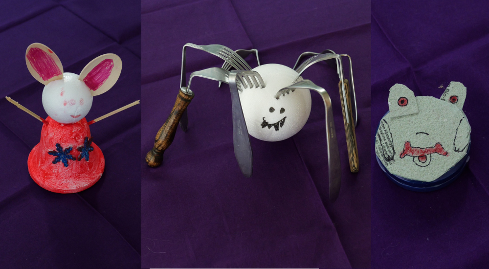 Gebastelten Objekte aus Müll des Medienprojekts